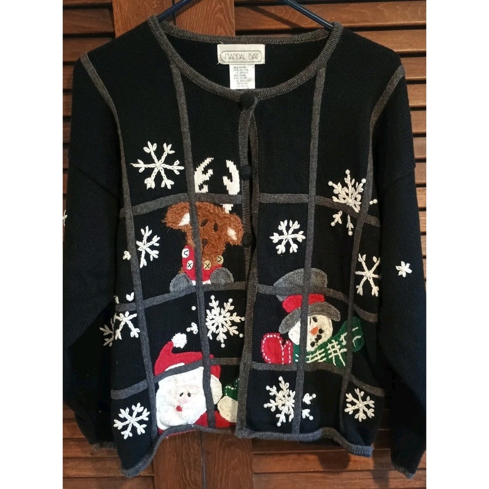 Vtg Mandal Bay Christmas Holiday Knit Cardigan Sz L Black Cozy Snowflake